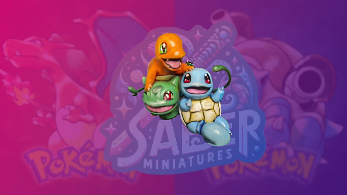 Charmander, Bulbasaur and Squirtle on a purple gradiant background showing the Saber Miniatures logo alongside box art for Pokémon Red and Blue.