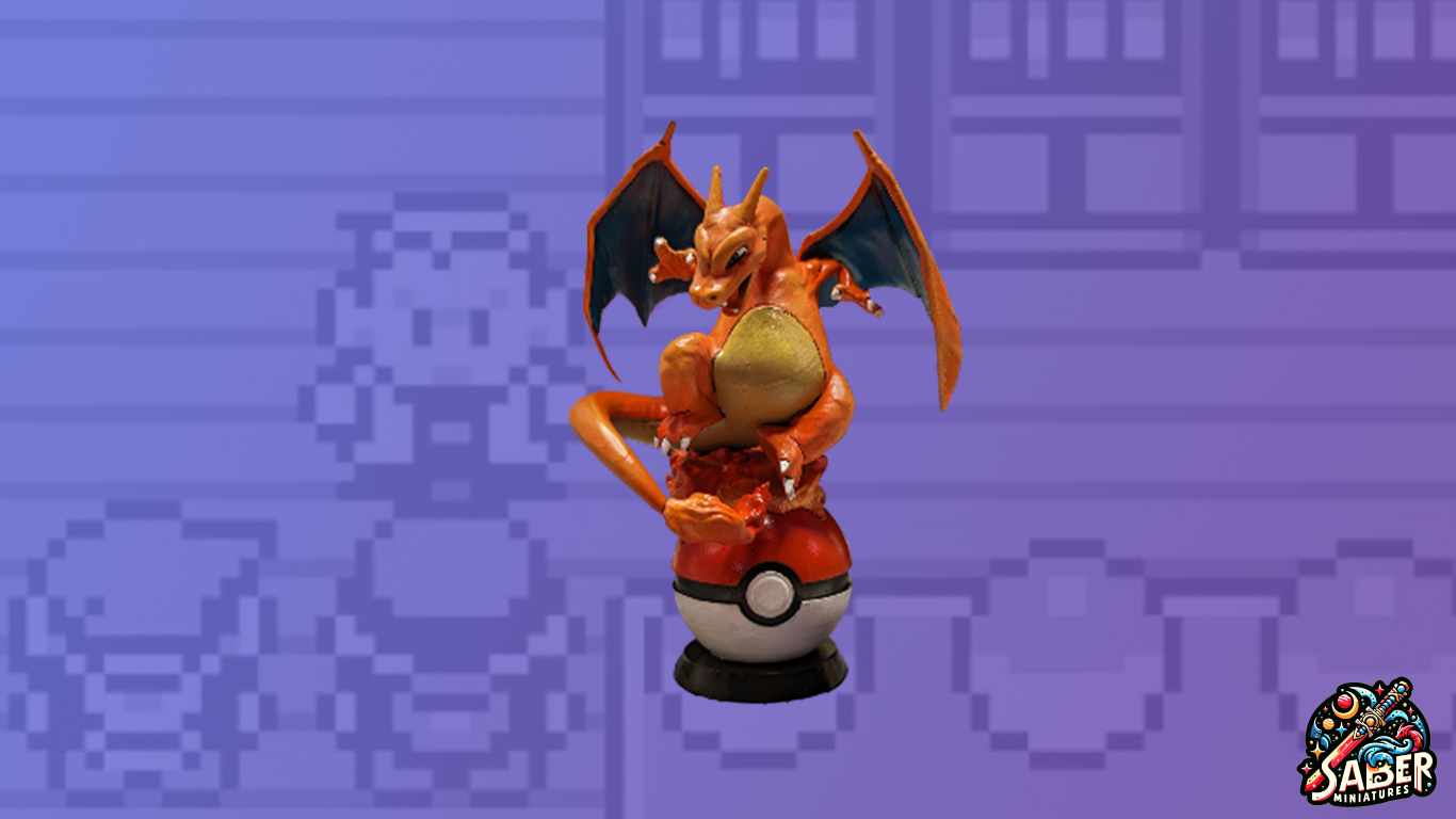 Charizard on a Pokéball with a screenshot of Pokémon Red and Green in the background with a purple gradient.
